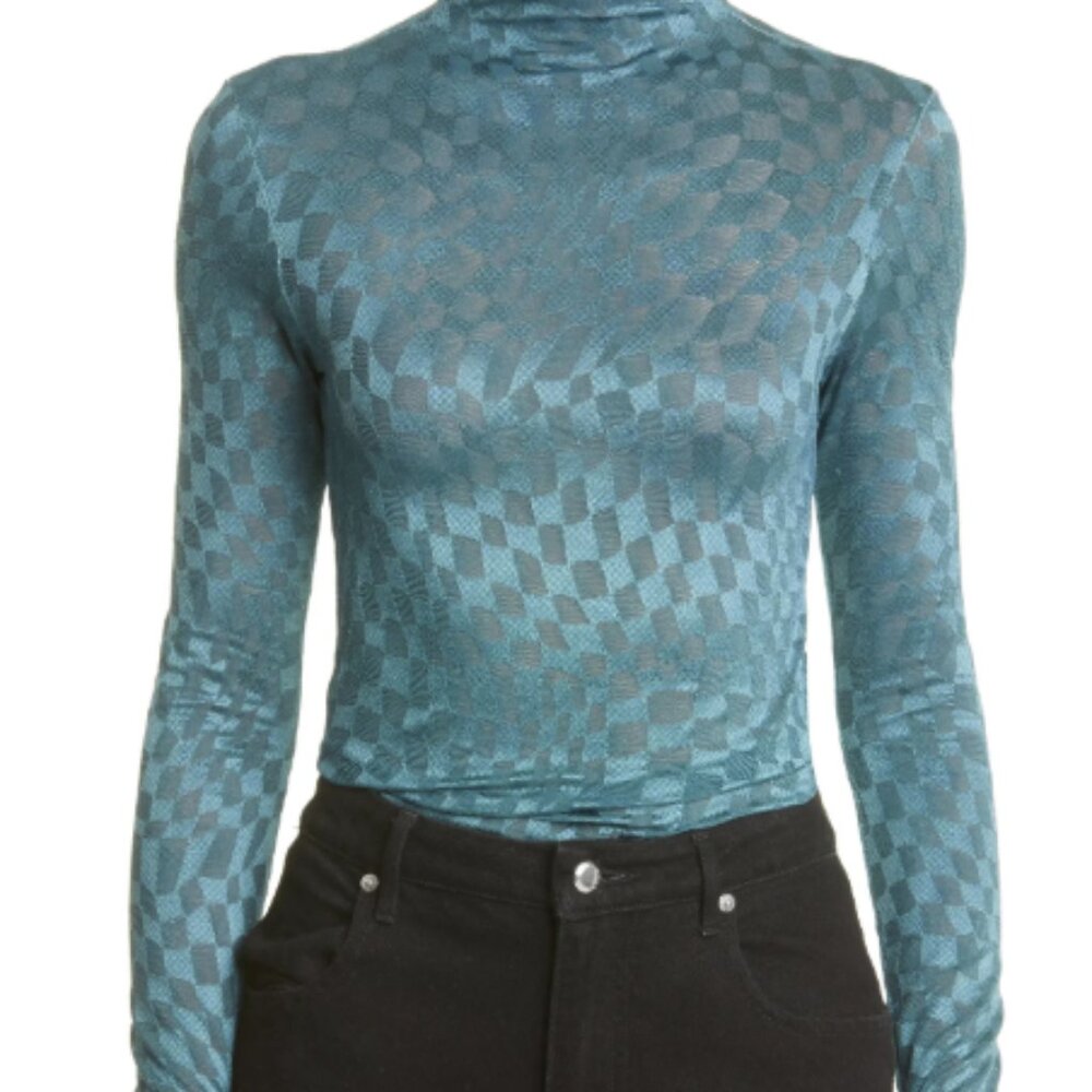 Collina Strada Thumbtastic Mock Neck Checkerboard Mesh Top | Large